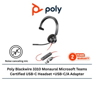 Poly Blackwire 3310 Monaural Microsoft Teams Certified USB-C Headset +USB-C/A Adapter (8X216AA)
