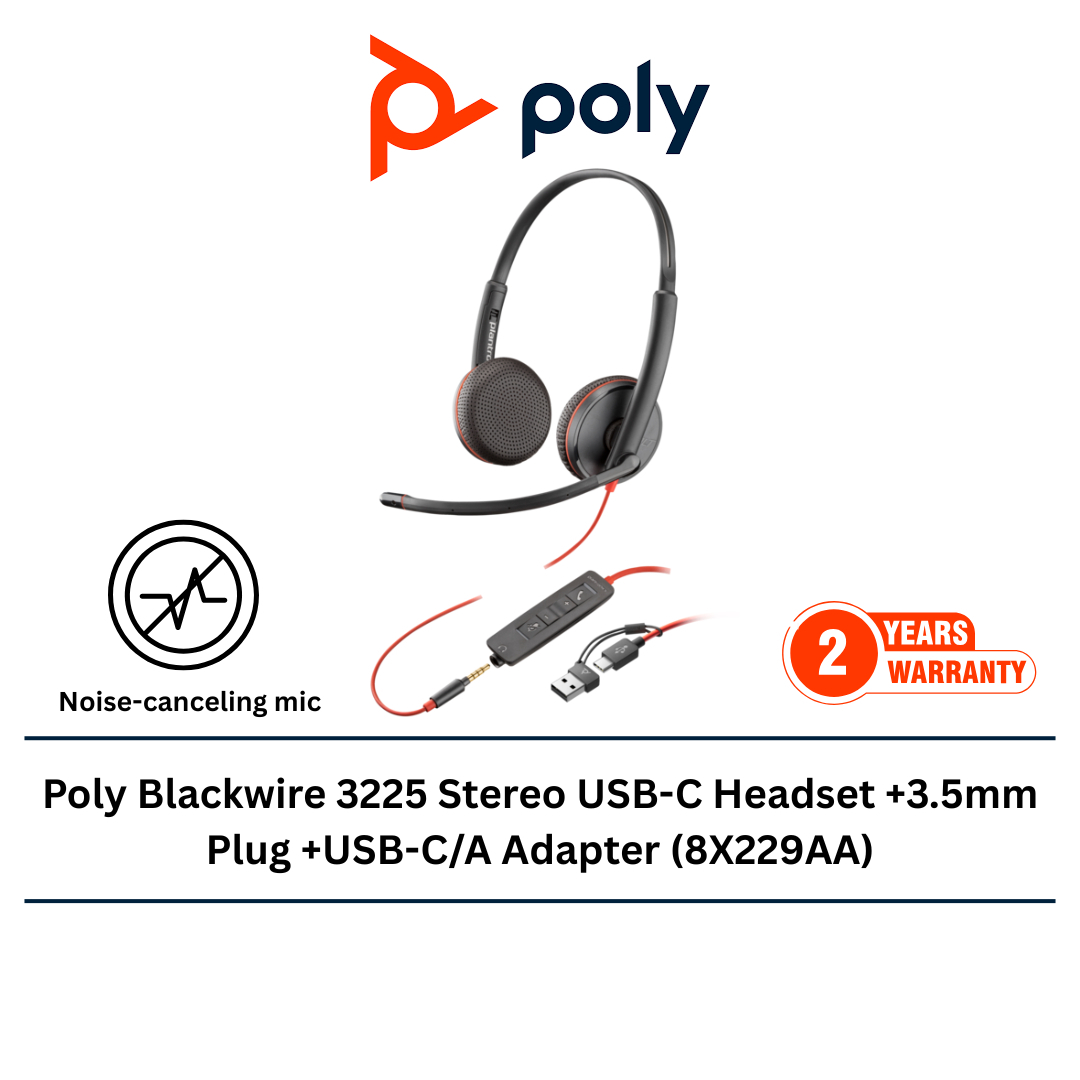 Poly 3225 Poly Blackwire 3225 Stereo USB-C Headset +3.5mm Plug +USB-C/A Adapter ...