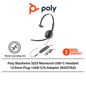 Poly Blackwire 3215 Monaural USB-C Headset +3.5mm Plug +USB-C/A Adapter (8X227AA)